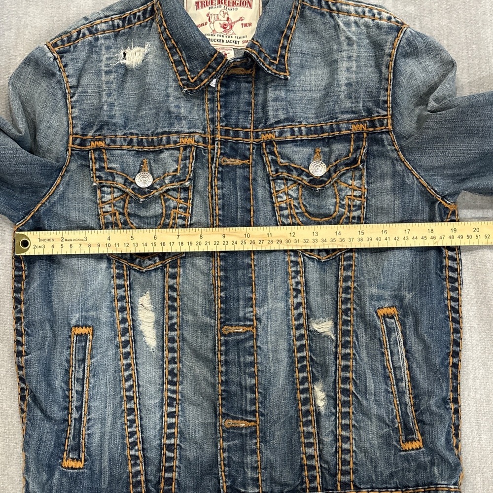 True Religion Blue Denim Trucker Jacket Size M Thick Stitching Res Super T VTG - Picture 6 of 14